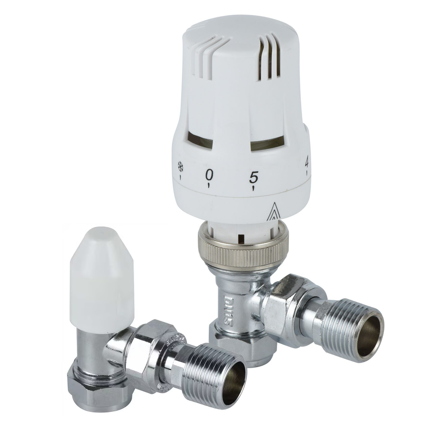 15mm Angled TRV & Lockshield Set – White / Chrome